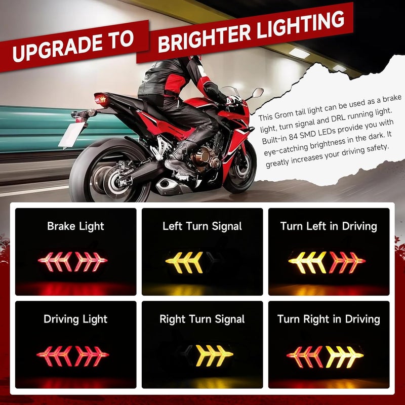 DREAMIZER LED Brake Tail Light with Turn Signals Sequential Motorcyle Taillight Compatible with Honda Grom MSX125 CBR650 CB650F CTX700N - Red Lens - Image 3